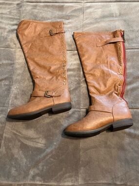Classic Tan Over-the-Knee Buckle & Stud Riding Boots